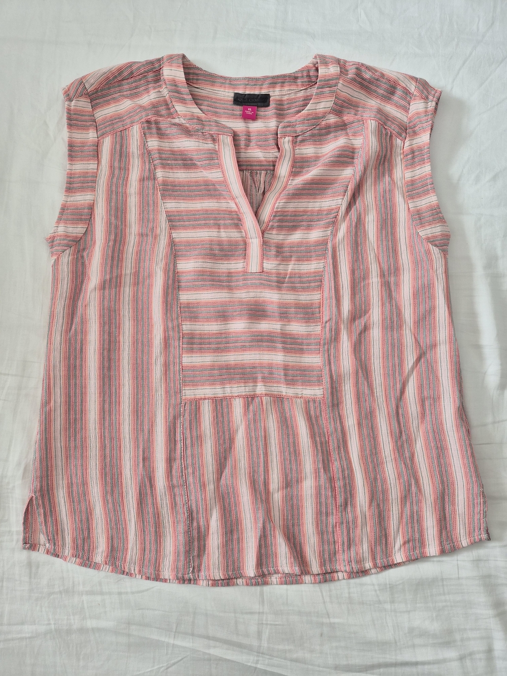 Vince Camuto Pink and White Striped Cap-Sleeve Tunic